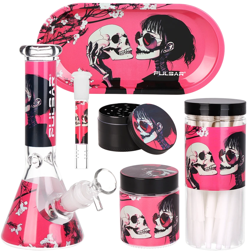Pulsar Design Series Beaker Water Pipe Smokers Kit - 7.75" Sakura Skull